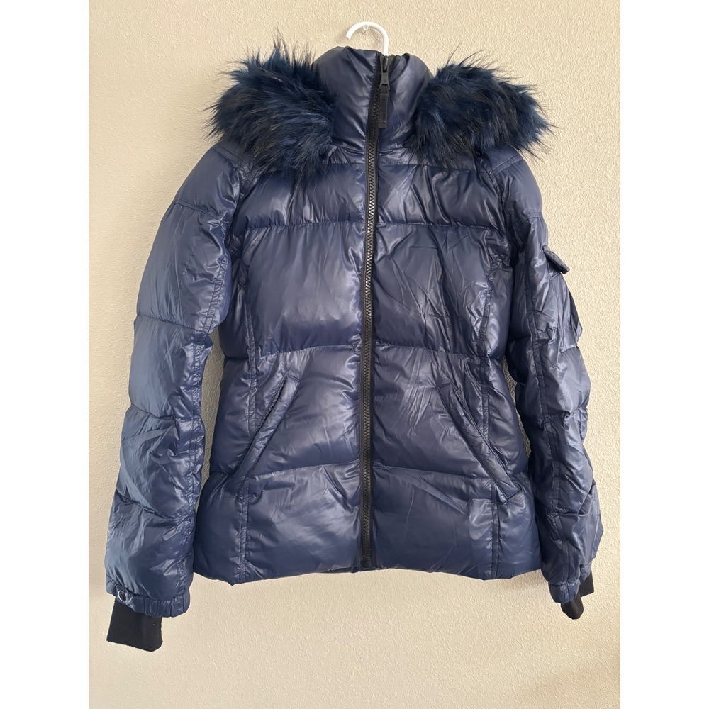 S13 NYC Down Puffer Kylie Jacket Womens Medium Blue Nylon Hooded Fur